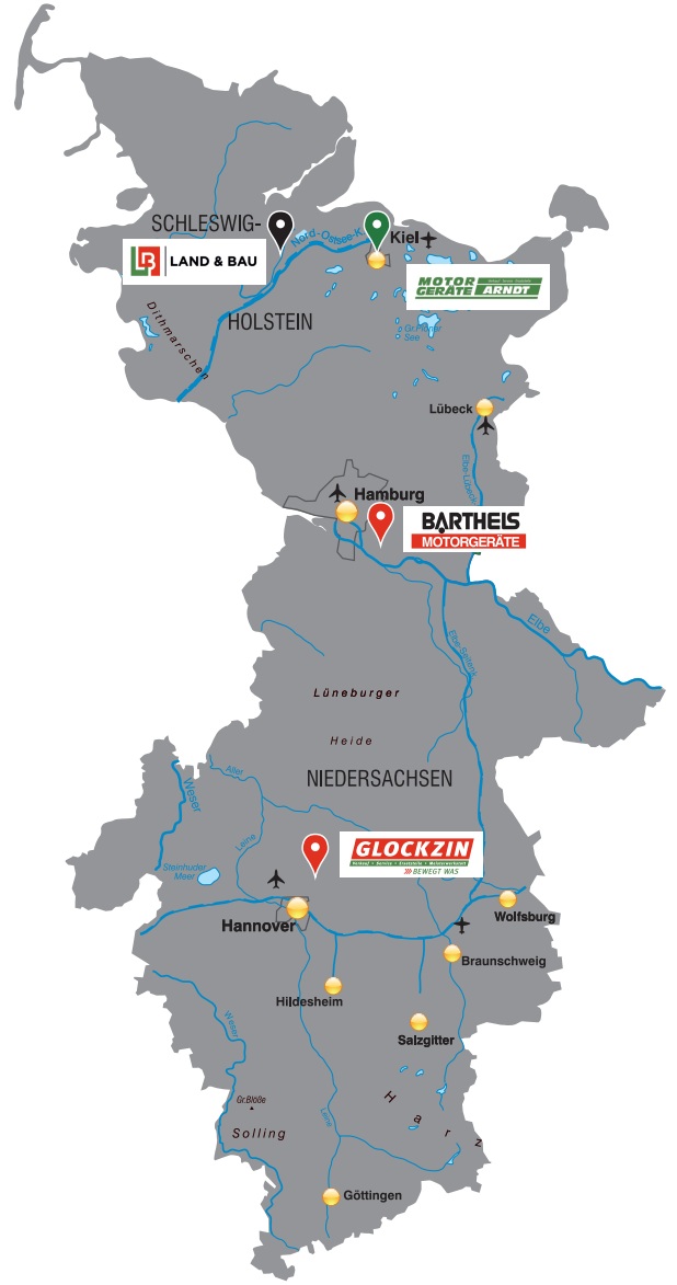 Eine Landkarte von Schleswig-Holstein, Hamburg und Niedersachsen mit den Standorten der Betriebe der Glockzin Gruppe.